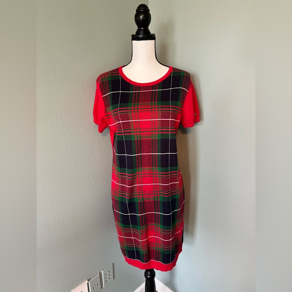 Tommy Hilfiger Red Blue Green Plaid  Cotton Sweater Dress Women's Size Large